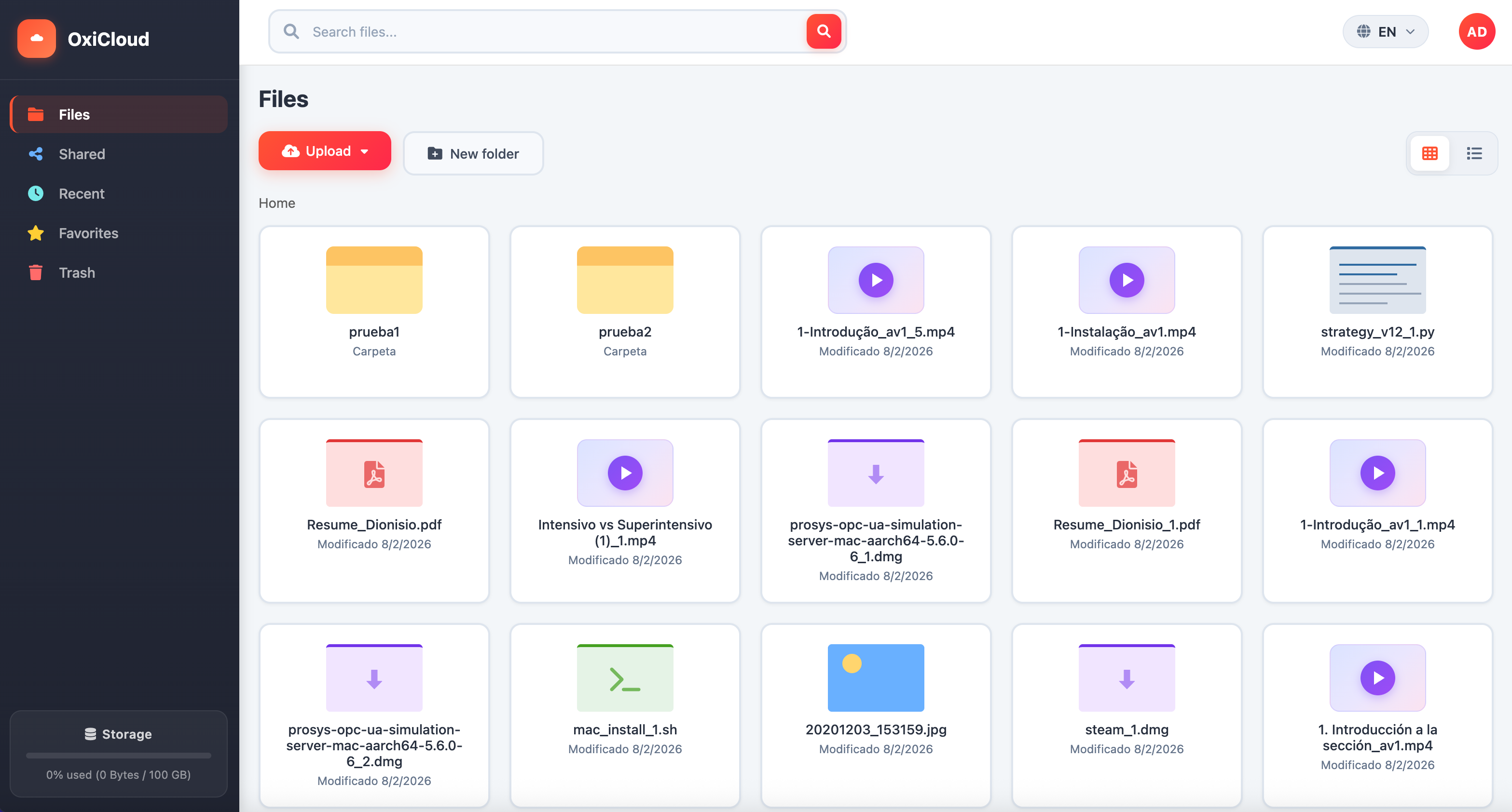 OxiCloud dashboard